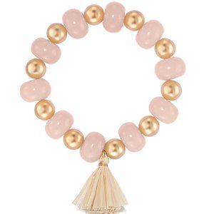 Avon Pastel Pink/Gold Beads With Raffia-Accented Stretch Bracelet
